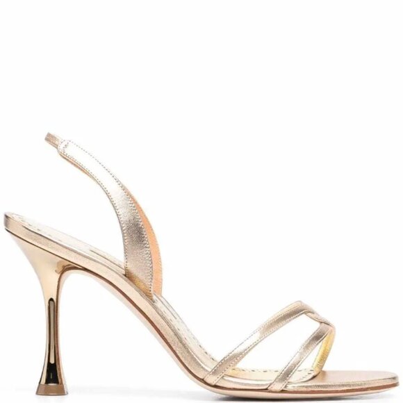 MANOLO BLAHNIK RACITA GOLD METALLIC LEATHER STRAPPY SANDAL HEEL 39/9/8.5 - Picture 7 of 9
